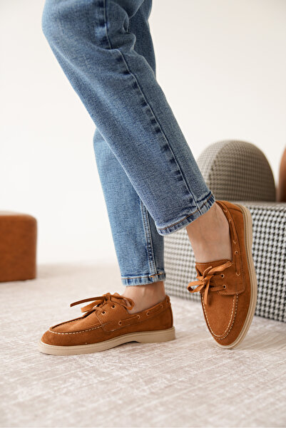 Moda Değirmeni Замшеві жіночі плоскі мокасини на шнурівці Taba MD1065-113-0001