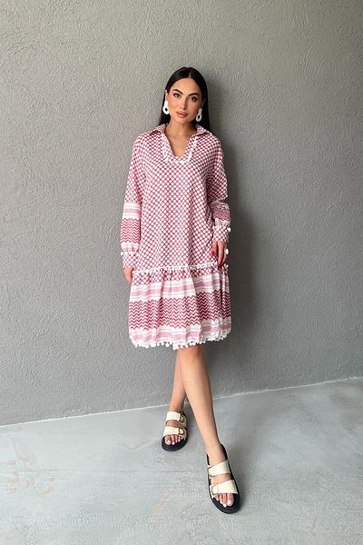 Seda Yalçın Atelier Red Patterned Seersucker Short Dress