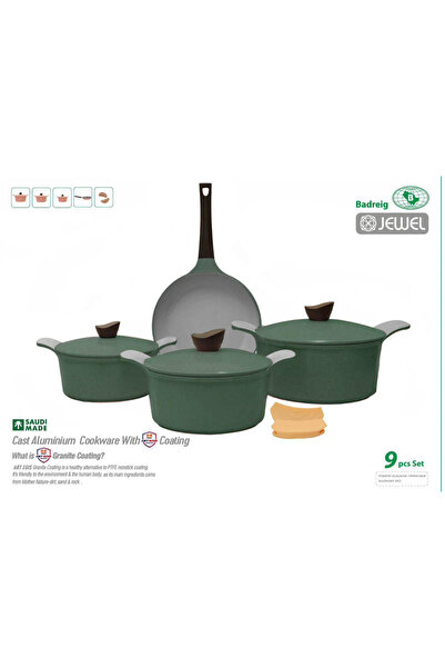 badreig طقم أواني طهي جويل مطلي بالسيراميك، 9 قطع، أخضر داكن | صنع في السعودية
