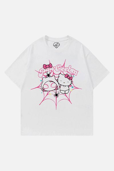 EFBUTİK White Unisex Spider& Hello Kitty Pawceebm T-Shirt