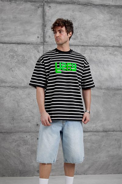 NOMARC Μαύρο μπλουζάκι Y269 με στάμπα και ρίγες Oversize