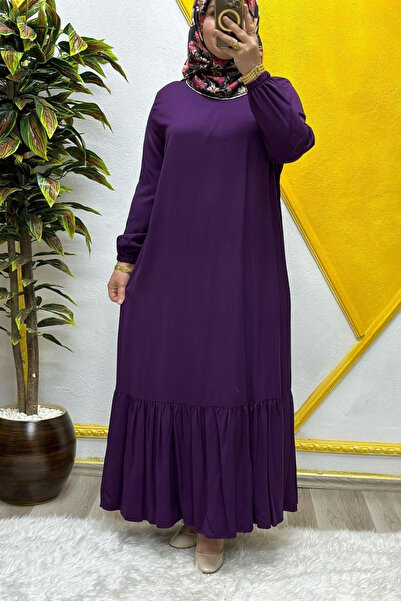 Elmas Tesettür Kadın Tesettür Giyim Büyük Beden Düz Fırfırlı Elbise