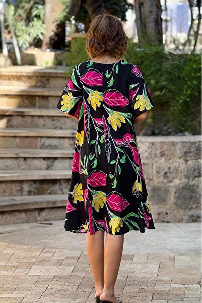 Nevin Kaya Moda Siyah Botanik Kayık Yaka %100 Pamuk Viskon Elbise
