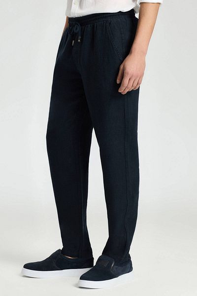 Hemington Pure Linen Lace-Up Navy Blue Trousers