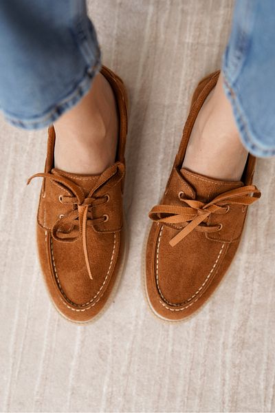 Moda Değirmeni Tan Suede Γυναικεία Flat Lace Up Loafer παπούτσια MD1065-113-0001