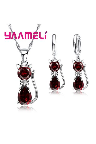 Choice Red Real 925 Sterling Silver Color Jewelry Sets for Woman Girls Shining Austrian Crystal Cute Cat Pe