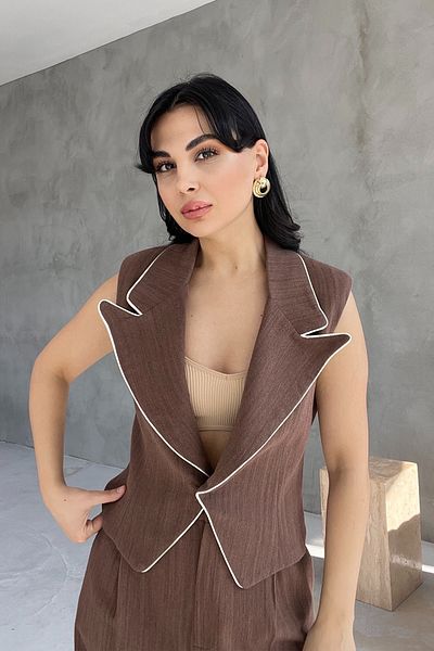 Seda Yalçın Atelier Brown Linen Piping Vest and Trousers Set