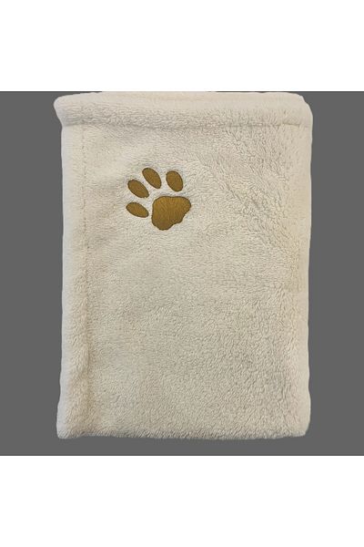 ULUBEN Cat Dog Blanket Ecru White and Gold Yellow Paw Embroidered Wellsoft Premium Fluffy