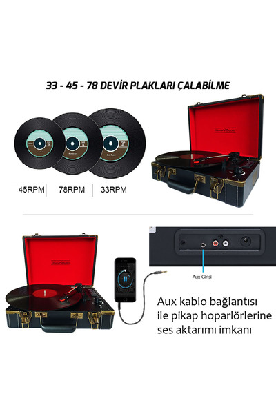 Record Master T317ub Retro Pikap - Siyah - Bluetooth - Şarj Edilebilir