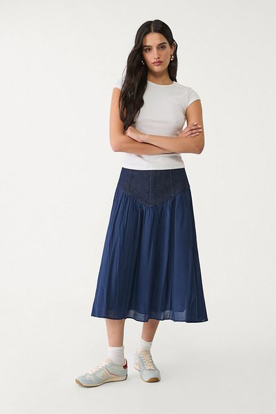 Stradivarius Denim Midi Skirt In Two Materials Limited Edition