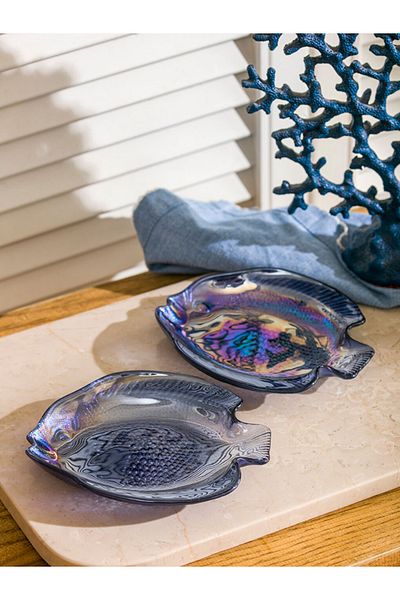 LC Waikiki Blue Fish Figured Glass Plate Set of 2 16 cm