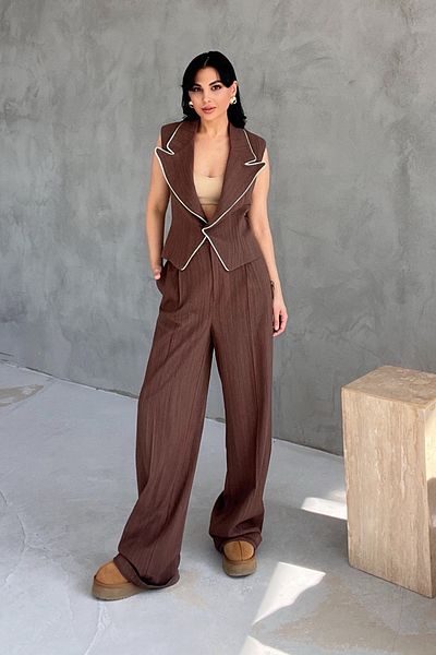 Seda Yalçın Atelier Brown Linen Piping Vest and Trousers Set