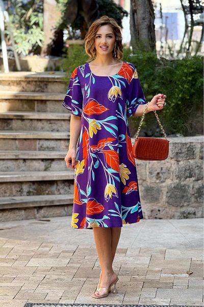 Nevin Kaya Moda Rochie mov botanică cu gât barcă 100% bumbac viscoză