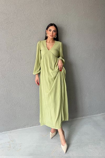Seda Yalçın Atelier Green Seersucker V-Neck Long Dress