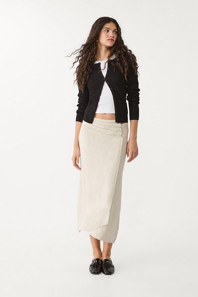 Stradivarius Pleated Linen Blend Midi Skirt Limited Edition
