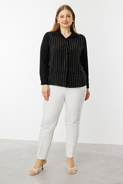 Ekol Plus Size Stone Striped Women's Blouse 3984 Black