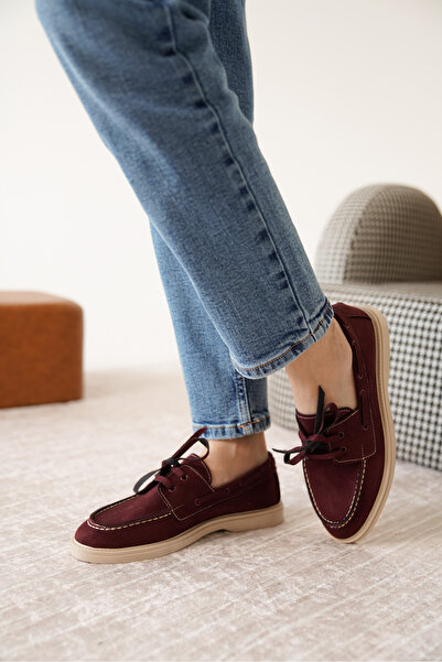 Moda Değirmeni Бордові замшеві жіночі плоскі мокасини на шнурівці MD1065-113-0001