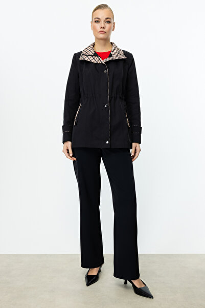 Ekol Kadın Ekose Detaylı Fermuarlı Trençkot 7004 Siyah