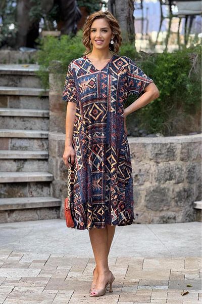 Nevin Kaya Moda Βαμβακερό φόρεμα με μοτίβο Navy Blue Kilim με λαιμόκοψη