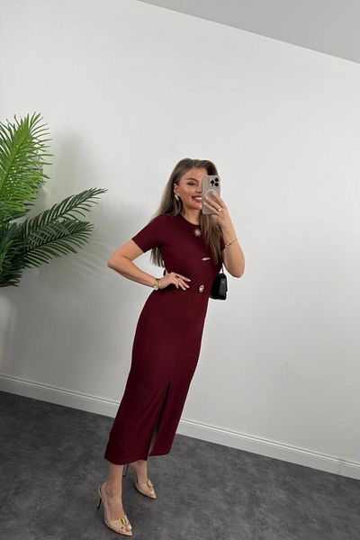 Viyamo New Season Women's Ottoman Fabric Lycra Button Design Short Sleeve Pencil Dress