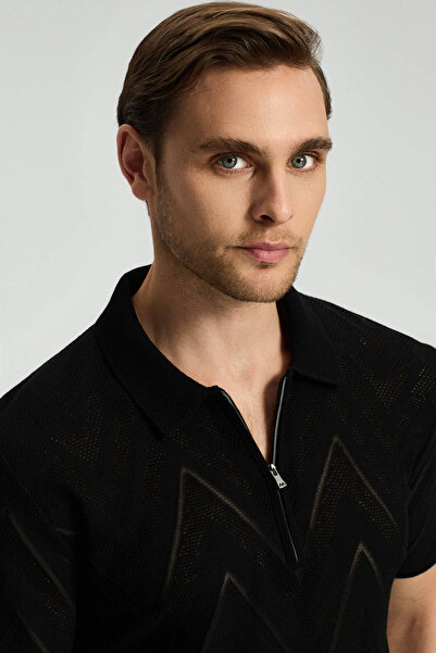 Hemington Zigzag Pattern Black Giza Cotton Knitwear Polo