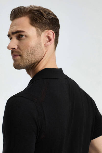 Hemington Silk Cotton Blend Zipper Detailed Black Knitwear Polo