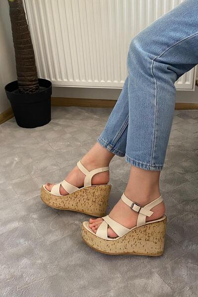 Preshley Women's Bery Beige Skin Cross Band High Padding Cork Sole Shoes & Sandals K-900