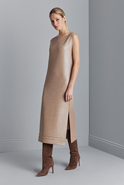 JOIN US Gold Varak Baskılı Kuşaklı Triko Elbise