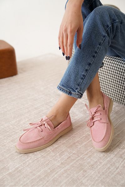 Moda Değirmeni Ροζ σουέντ γυναικεία ίσια παπούτσια με κορδόνια MD1065-113-0001