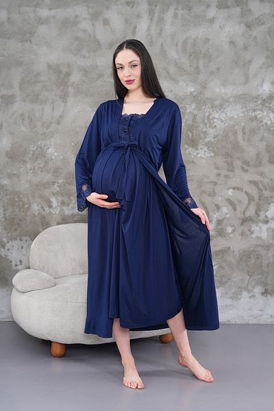 LOHOUSE Women's Navy Blue Lace Design Cotton Maternity Nightgown-Morning Gown Set of 2