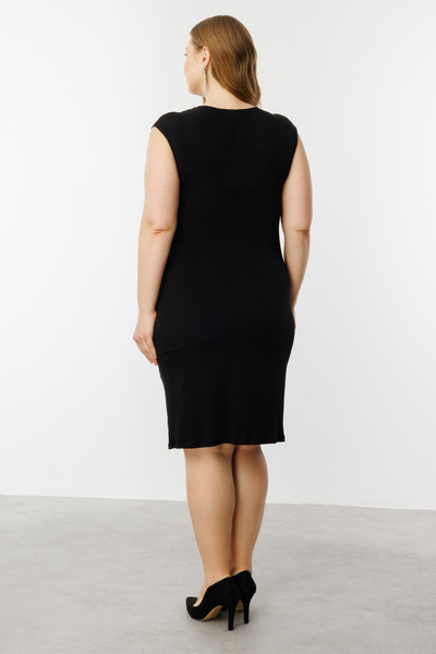 Ekol Women's Plus Size Stone Accessories Gathered Dress 5908 Black