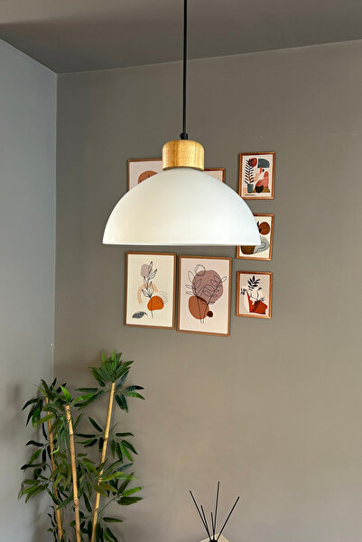 Bamyum Perry Cam Tekli Avize Geniş Ahşap Beyaz Başlık Retro Sarkıt Lamba Restoran Salon Aydınlatma