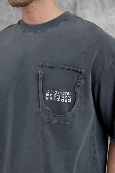 NOMARC Men's Smoked Oversize T-Shirt with Number Detail on Pocket, Washable