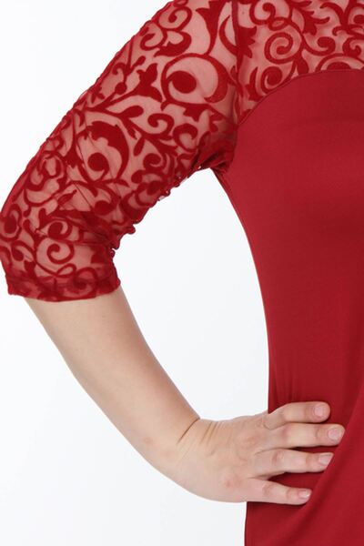 modayız Burgundy Flocked Plus Size Dress 26C-1030