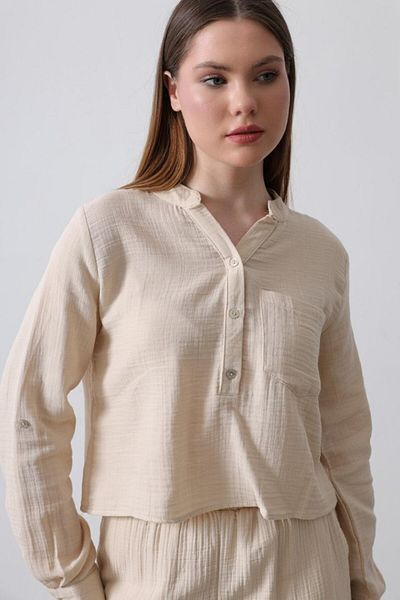 trend henna Beige Pocketed Judge Collar Blouse