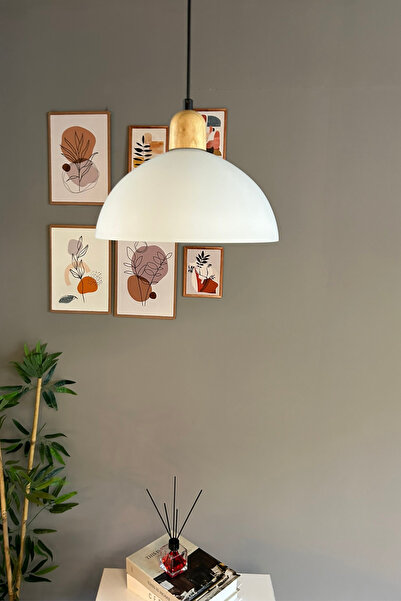 Bamyum Perry Cam Tekli Avize Kalın Ahşap Beyaz Başlık Retro Sarkıt Lamba Restoran Salon Aydınlatma