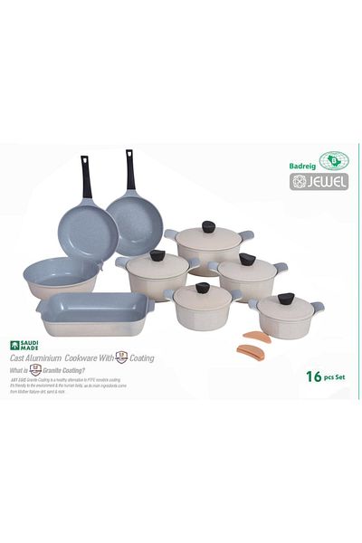 badreig Jewel 16 Piece Ceramic Coated Cookware Set IVORY |Made in Saudi