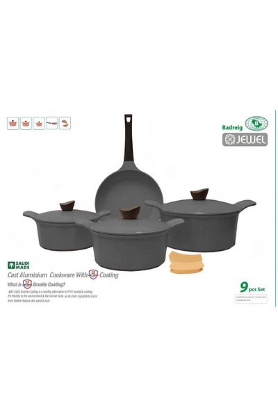 badreig Jewel 9 Piece Ceramic Coated Cookware Set GRAY |Made in Saudi