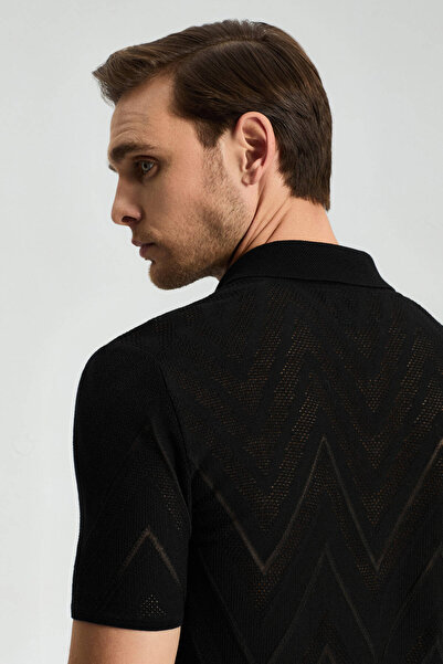 Hemington Zigzag Pattern Black Giza Cotton Knitwear Polo