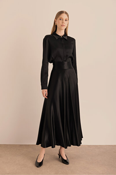 Aker Beli Pile Detaylı Saten Etek