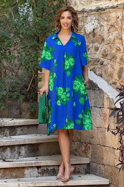 Nevin Kaya Moda Rochie din viscoză din bumbac 100% guler de cămașă cu model trandafir albastru