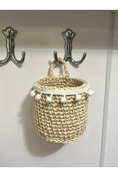 MİESSA Wicker Pompom Basket, Mini Hanging Paper Rope Knitted Basket, 1 Piece Hand Knitted Hanging Garlic Basket