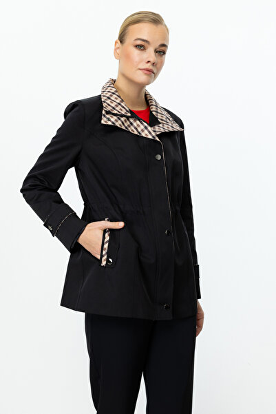 Ekol Kadın Ekose Detaylı Fermuarlı Trençkot 7004 Siyah