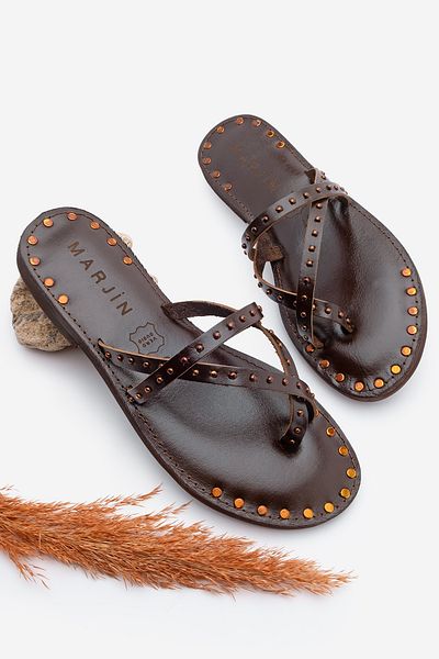 Marjin Women's Genuine Leather Flip Flops Studded Daily Slippers Pemora Brown