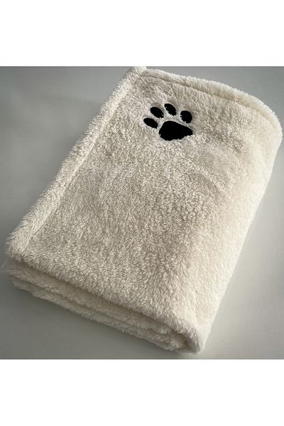 ULUBEN Cat Dog Blanket Ecru White with Black Paw Embroidery Wellsoft Premium Fluffy Fabric