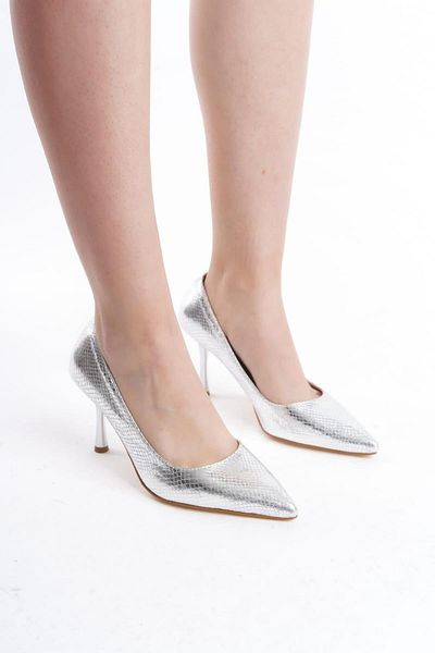 Preshley Stiletto de damă, argintiu 9, imprimat cm, cu toc subțire, vârf ascuțit