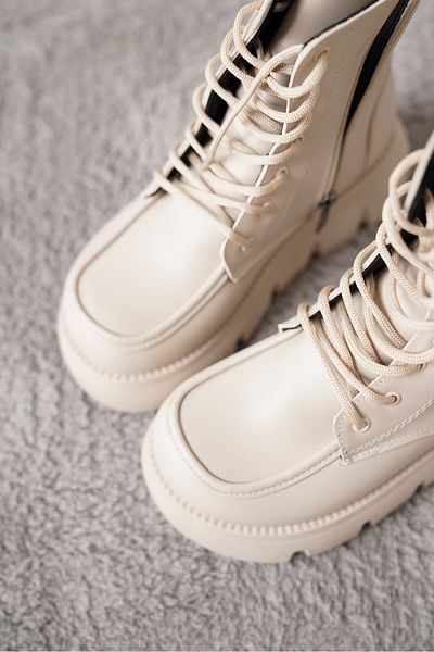 Moda Değirmeni Γυναικείες μπότες Beige Skin - Χοντρή σόλα, κορδόνια και φερμουάρ MD1001-116-0013