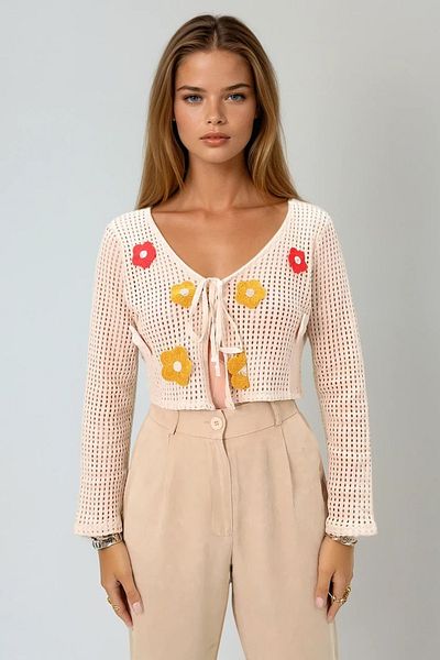 VAGGON Μπεζ Önegi Lace-Up Flower Motif Crochet Cardigan - Prmx8910