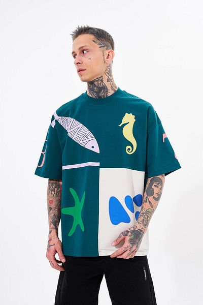 Machinist Men's 87 Sea Shells Printed Oversize Petrol Green Gray T-Shirt