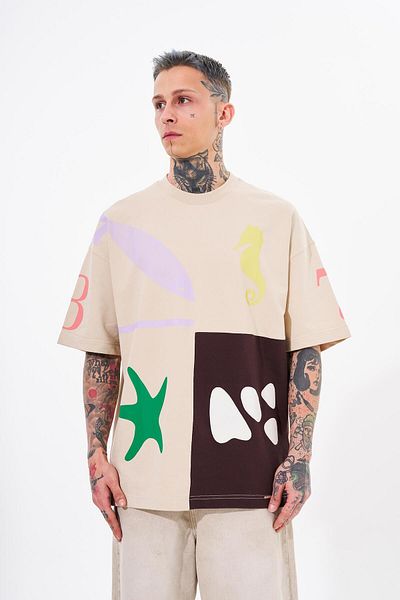 Machinist Tricou pentru bărbați, cu imprimeu 87 Sea Shells, oversize, bej deschis, maro